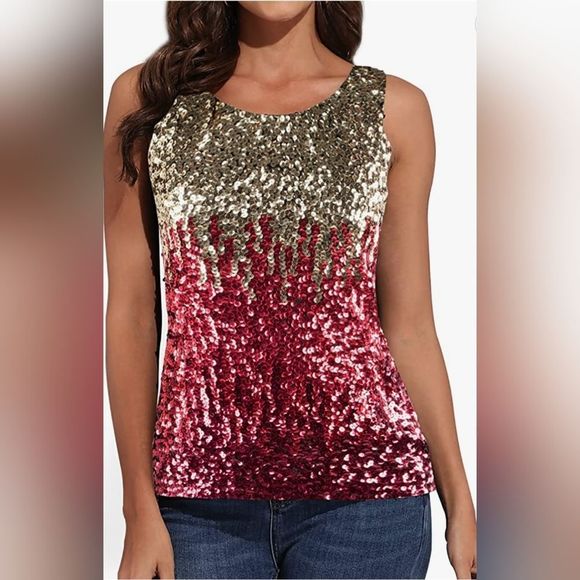 Kayamiya Tops - Kayamiya Sequined Tank Top Red Wine Gold Stretch NWT Size Small No Labels